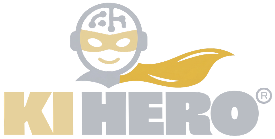 KI-Hero — Comic-Held mit Brain-Helm und Cape, Wortmarke KI HERO
